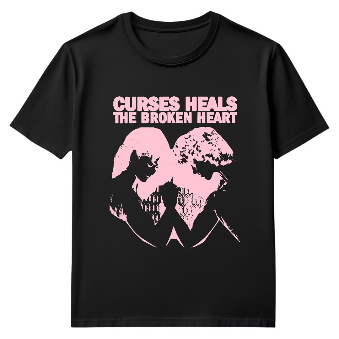 Curses Heals A Broken Heart T-shirt (Hot Pink on Black)